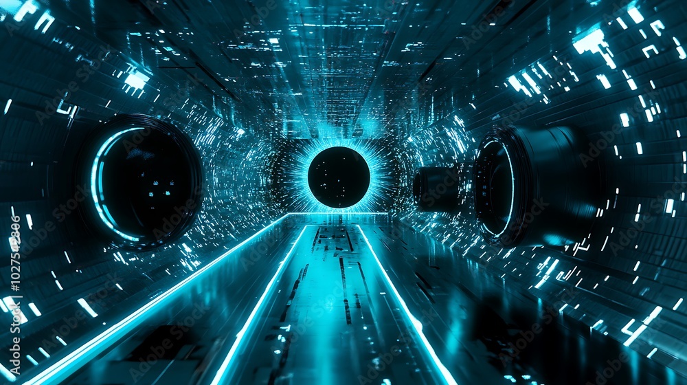 Poster a futuristic physics lab with digital holograms demonstrating the principles of string theory