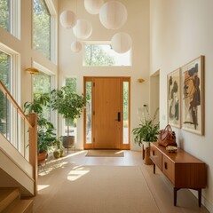 Wooden cabinet near window and staircase. Scandinavian interior design of modern entrance hall.