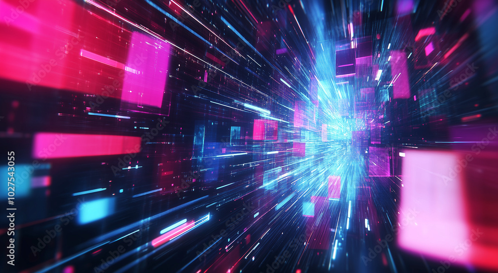 Poster a close-up of digital data flowing on the screen, with blue and purple lights creating an abstract b
