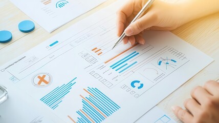 Product test feedback analysis concept. Product feedback forms filled out by hand, close-up of pen and paper interaction.