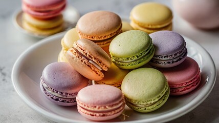 Obraz premium Assorted Colorful Macarons on Plate - A Delight for Dessert Lovers 04