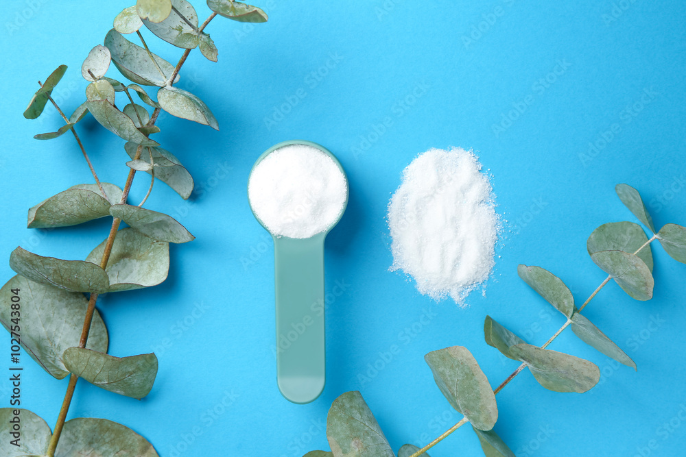 Poster Measuring scoop with laundry powder and eucalyptus branch on blue background, flat lay