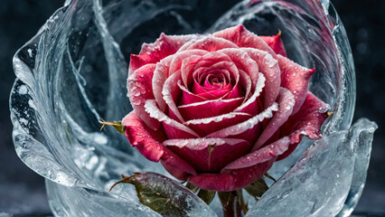 Frozen pink rose captured inside transparent block of ice. Intricate details and vibrant petals of rose are beautifully highlighted, creating mesmerizing contrast of nature and frost.