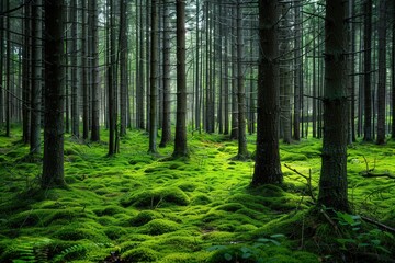 Obraz premium A forest with moss growing on the ground and trees, generative ai image
