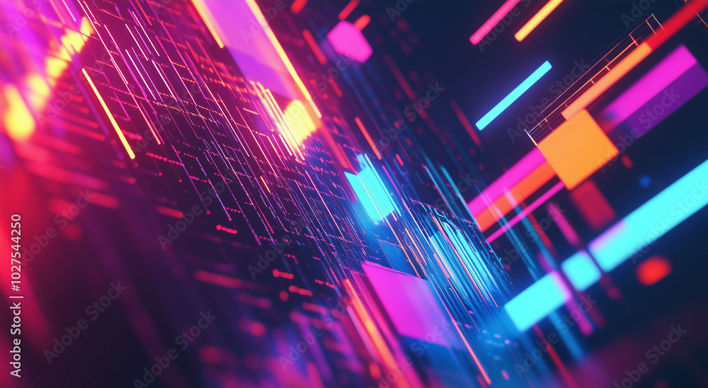 Poster a close-up of digital data flowing on the screen, with blue and purple lights creating an abstract b