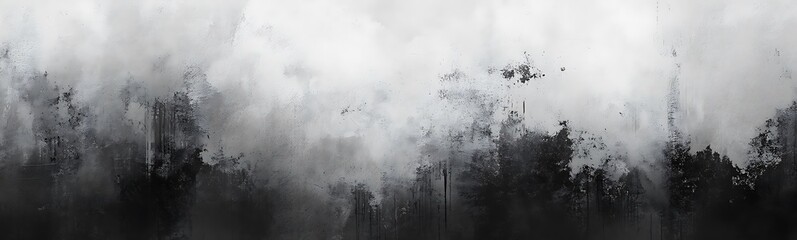 A monochromatic landscape featuring misty textures and dark silhouettes, conveying a moody and atmospheric scene.