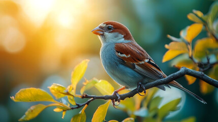 Fototapeta premium A small sparrow perched on a branch with soft sunlight shining through the leaves.