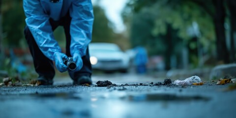 A forensic investigator in blue gloves closely examines evidence on a city street, capturing photos and documenting details under overcast skies near a parked car.