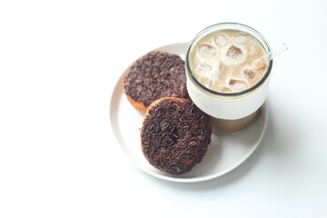 Donuts and Iced Coffee Milk Served on White Plate. Isolated on White Background. 