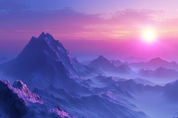 The sun is setting over a mountain range