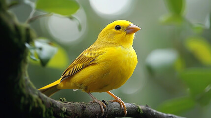 A small yellow bird perched on a branch with green foliage in the background.