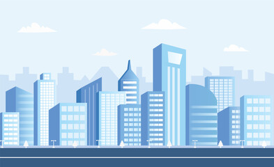 Obraz premium Blue cityscape silhouette. Monochrome urban landscape with clouds. . Modern architectural flat-style vector illustration.