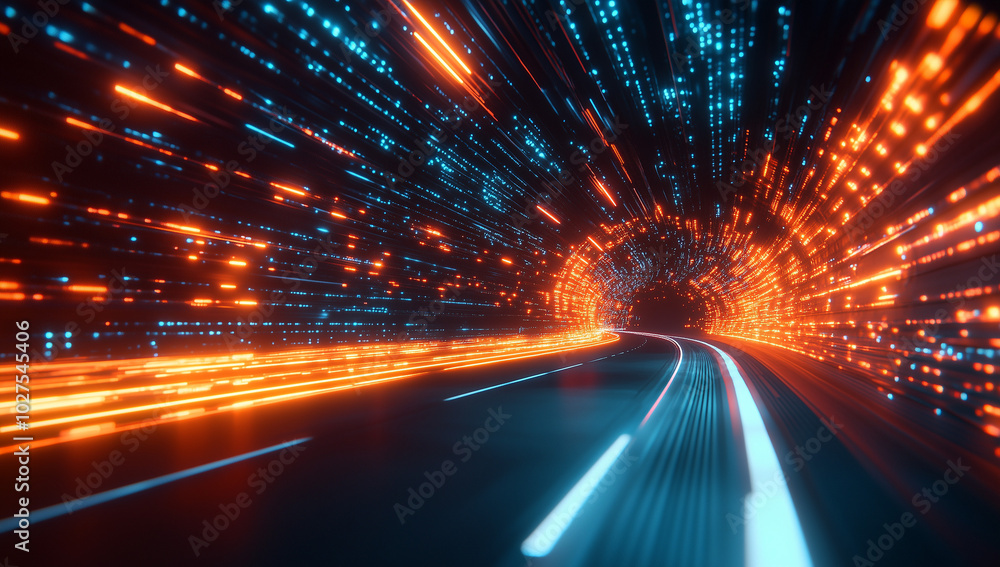 Poster a digital tunnel with glowing lights and flowing data, a futuristic background for technology or int