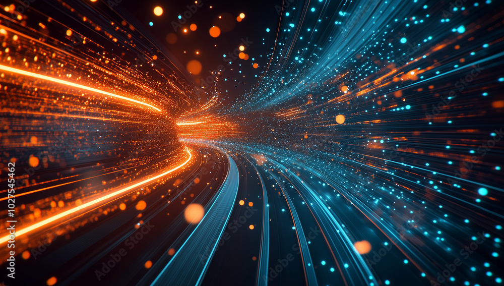 Poster a digital tunnel with glowing lights and flowing data, a futuristic background for technology or int