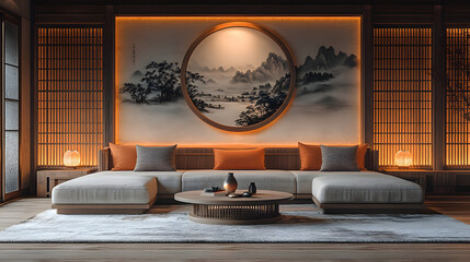 A Cozy Living Room in Chinese Style Featuring a Sofa, Wooden Accents, and Elegant Decorations, Creating a Warm and Inviting Atmosphere for Relaxation and Family Gatherings.
