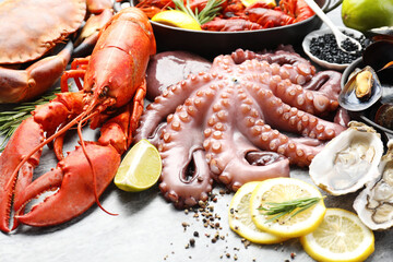 Many different sea food on grey table, closeup