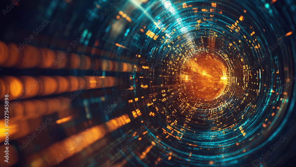 Poster a digital tunnel with glowing lights and flowing data, a futuristic background for technology or int