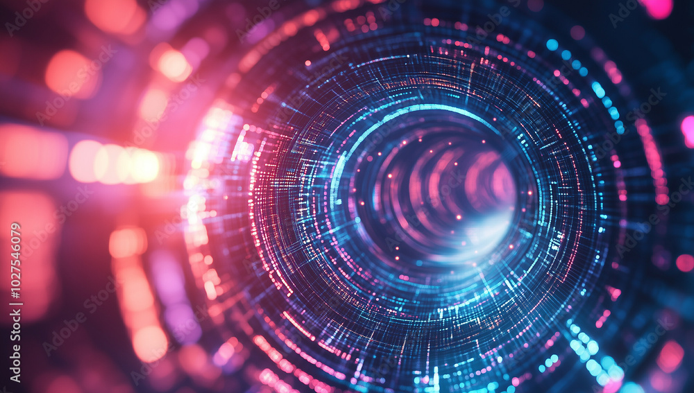Poster a digital tunnel with glowing lights and flowing data, a futuristic background for technology or int