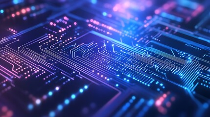 Fototapeta premium Close-up of a circuit board with glowing blue and pink lines.