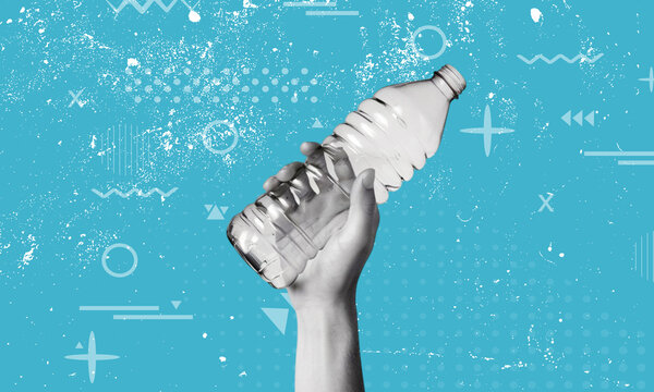 Hand squeezing an empty water bottle, abstract blue background with white splashes and shapes.