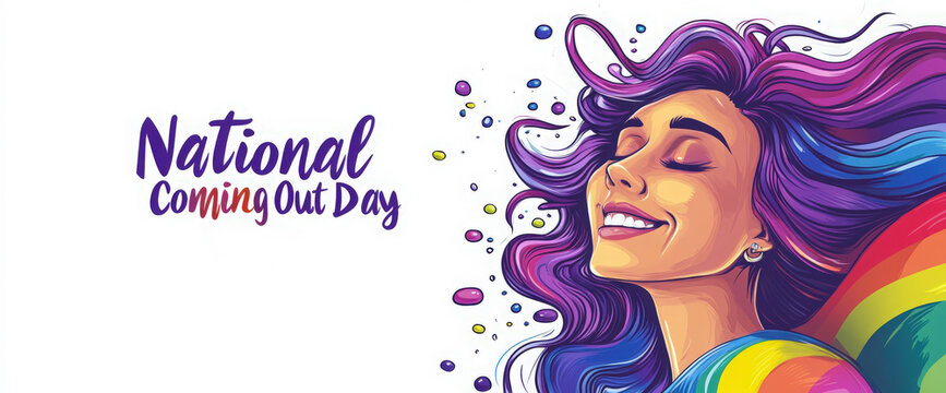 Colorful celebration of National Coming Out Day with joyful expression and vibrant hair