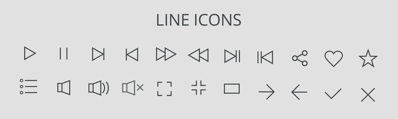 Set of outline button icons for media control. Vector on a gray background