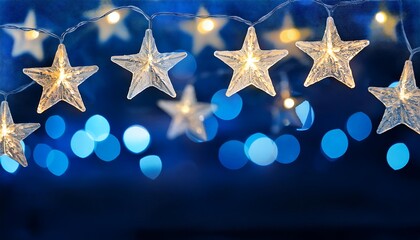 Christmas Star String Lights Against a Blue Night Sky - Abstract Defocused Bokeh Background with Warm Festive Glow, Twinkling Lights for Holiday Celebrations and Winter Wonderland Atmosphere