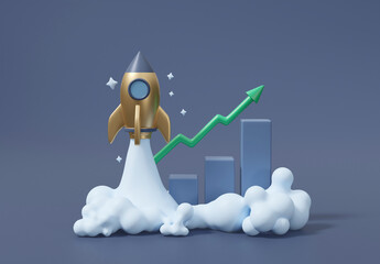 3D rendered illustration of a golden rocket icon rising with smoke next to it. Graph and arrow rising up It represents financial growth. investment success and achieving business efficiency
