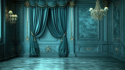 Elegant Vintage Room with Teal Drapes and Chandeliers