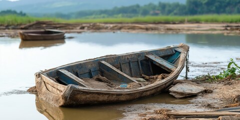 Obraz premium An old wooden boat sits abandoned and grounded on the muddy shore of a tranquil river, with another boat and lush green landscape in the hazy background, symbolizing peace.