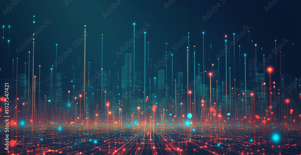 Aufkleber abstract digital background with glowing lines and dots forming an illuminated city skyline, represe