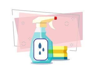 Glass cleanser and sponge. Plastic bottle, cleaning product, spray. Cleaning concept. Vector illustration can be used for topics like dish washing, chemicals, hygiene, disinfection