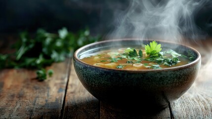 a steaming bowl of homemade broth garnished with fresh herbs, highlighting comfort food and nourishment