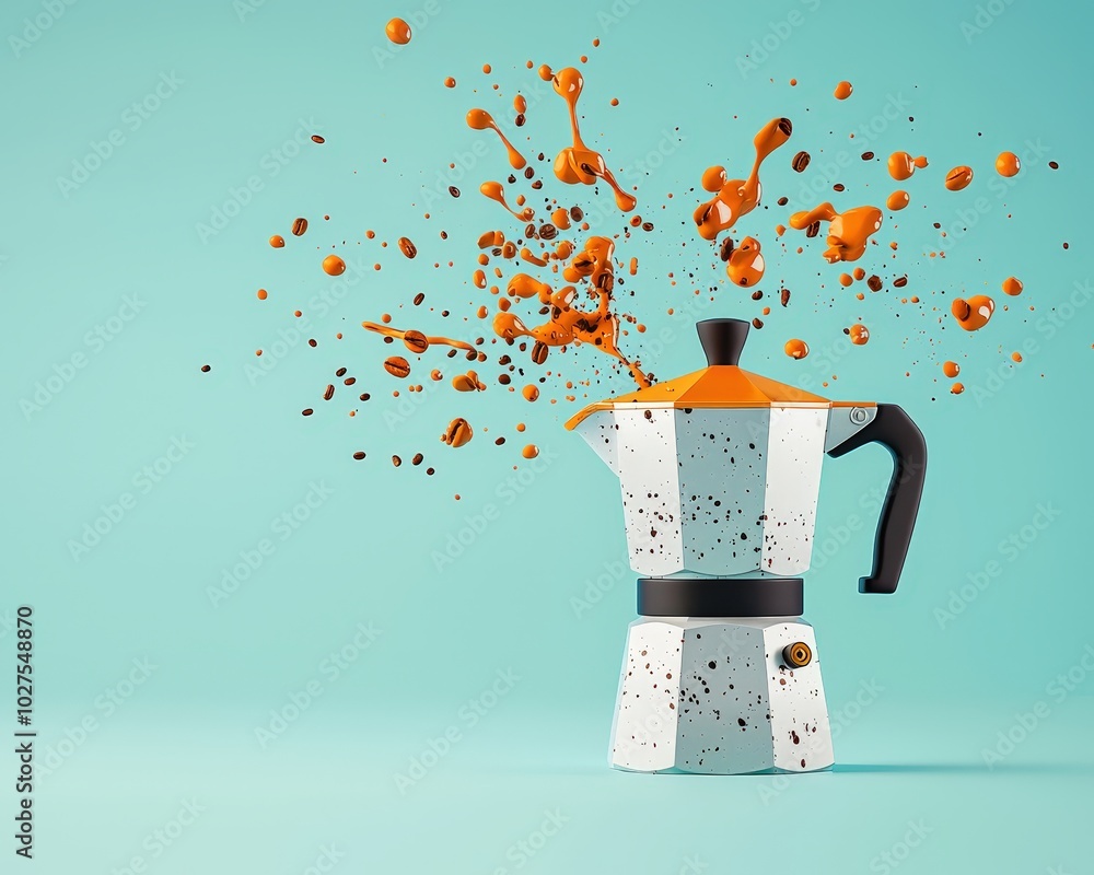 Poster artistic rendering of a moka pot with abstract coffee stains forming patterns