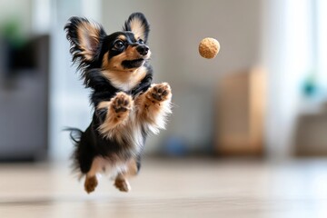 A small dog energetically jumps to catch a treat in a bright and spacious living room during the afternoon