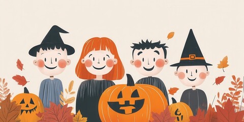 Cheerful children in Halloween costumes pose with a pumpkin, capturing the fun and spirit of the festive season.