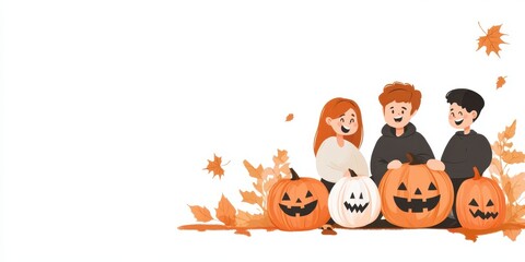 Fototapeta premium Cheerful group of friends celebrating Halloween with carved pumpkins and autumn leaves.