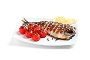 Delicious grilled mackerel, tomatoes, peppercorns and lemon isolated on white