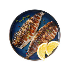 Plate with delicious grilled mackerel, thyme, peppercorns and lemon isolated on white, top view