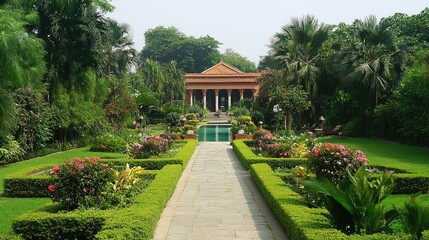 Fototapeta premium Lush Garden Pathway Leading to a Majestic Pavilion