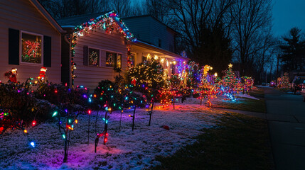 Colorful Christmas lights illuminate a suburban home during winter twilight