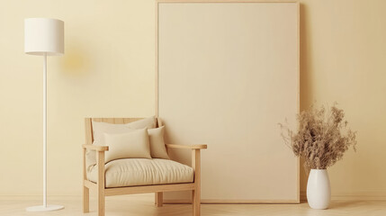 Empty Living Room with Beige Abstract Art and Comfortable Furnishing