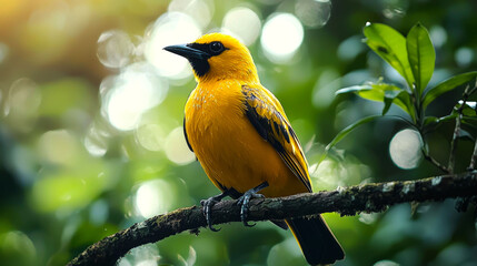 Naklejka premium A vibrant yellow bird perched on a branch in a lush green forest, with sunlight streaming through the leaves.
