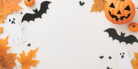 Festive Halloween decor featuring pumpkins, ghosts, and bats, perfect for seasonal celebration or party invitation designs.