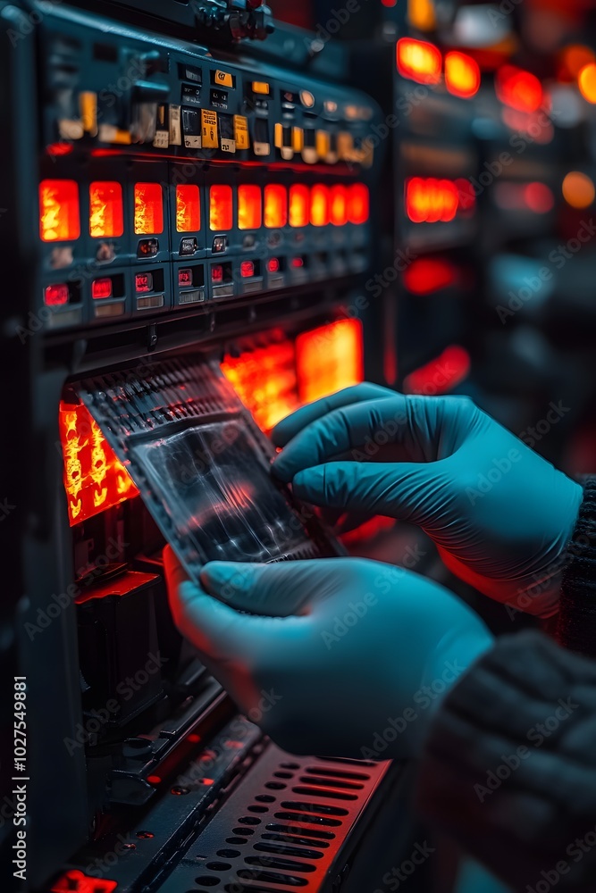 Poster a technician in gloves handles a sample in a lab setting with illuminated equipment.