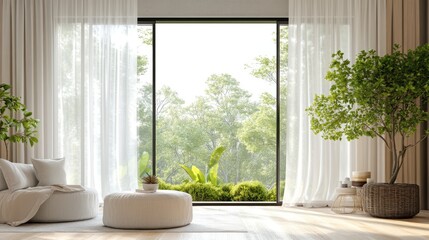 Serene Living Room with Nature View and Soft Textiles