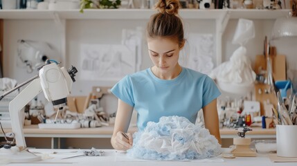 Seamstress working on an intricate dress in her personal workshop, carefully crafting details in a creative environment