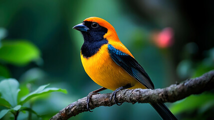Obraz premium A vibrantly colored bird with orange, yellow, and blue plumage perches on a branch with green leaves in the background.