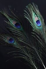 Fototapeta premium Three beautiful peacock feathers on black background, closeup