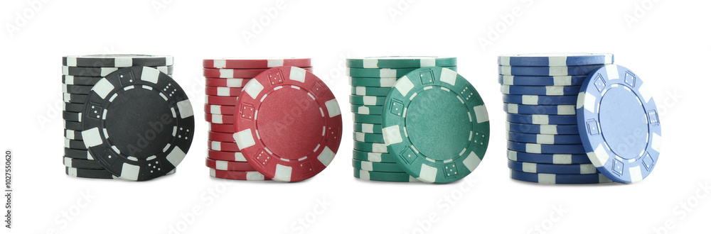 Sticker Poker game. Casino chips isolated on white